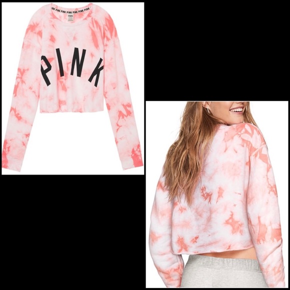 PINK Victoria's Secret Tops - VS PINK Coral Tie Dye Pullover Crop Sweatshirt Top